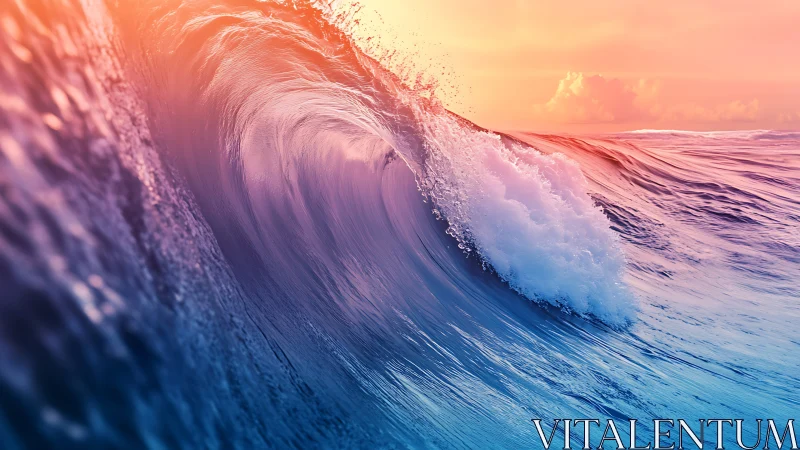 High-amplitude ocean breaker curves under saturated sunset light