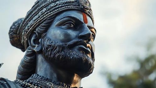 Bronze warrior statue portrait with detailed headgear