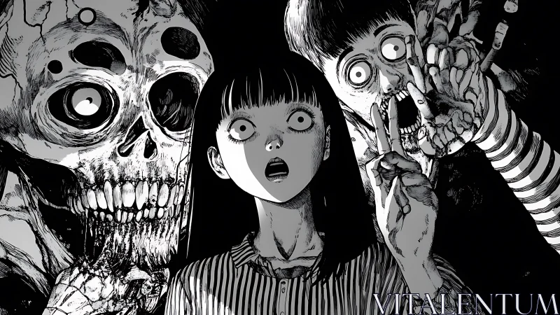 Haunting monochrome portrait captures a shocked girl and ghouls