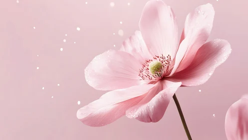 Pink cosmos flower with dewdrops against soft background.