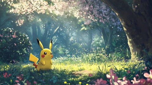 Pikachu basking in dappled light beneath spring blossoms.
