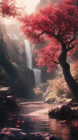 Crimson forest waterfall under diffused sunrise glow.