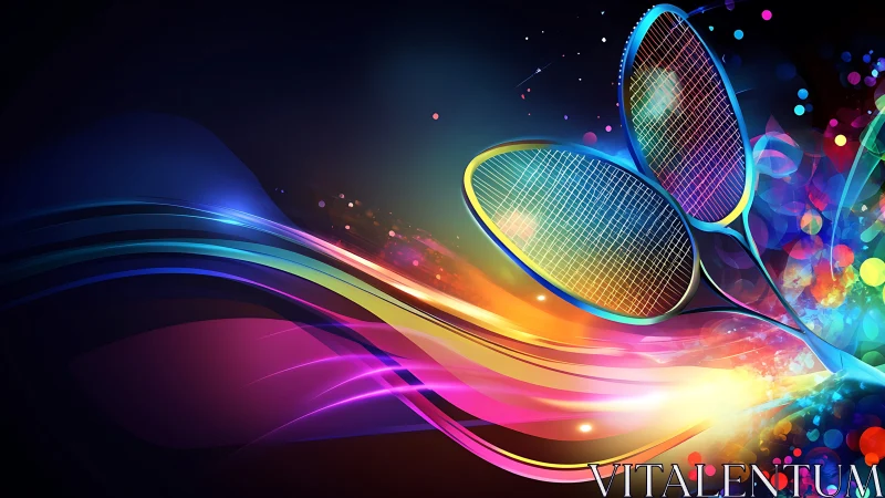 Vibrant tennis rackets streak through neon color waves at night