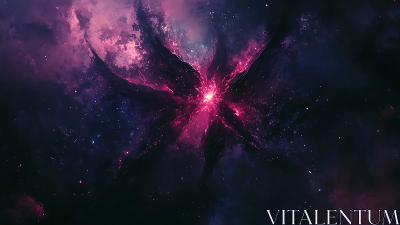 Stellar nebula core with radiating magenta filaments in deep void