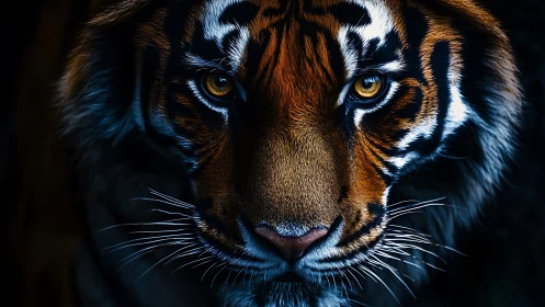 Close frontal view shows highly detailed tiger facial features