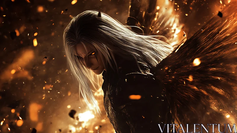 Silver haired winged figure stands amid glowing embers