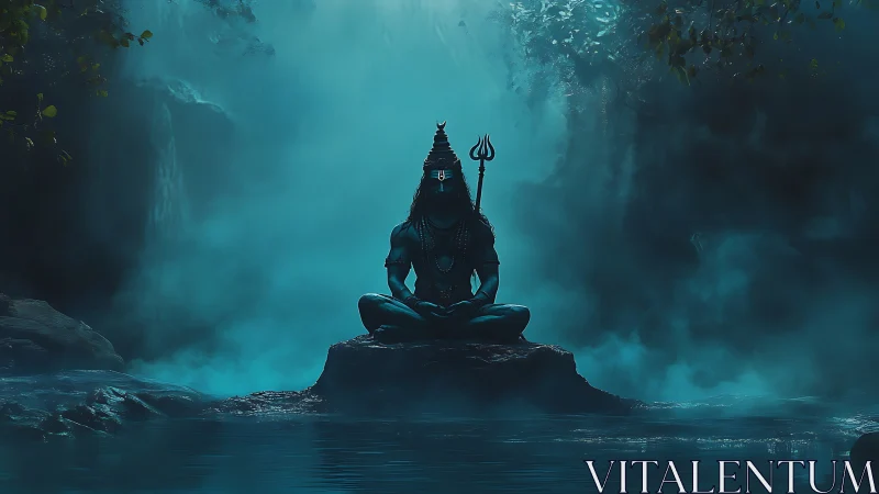 Meditating blue deity on rock island amid misty forest pool
