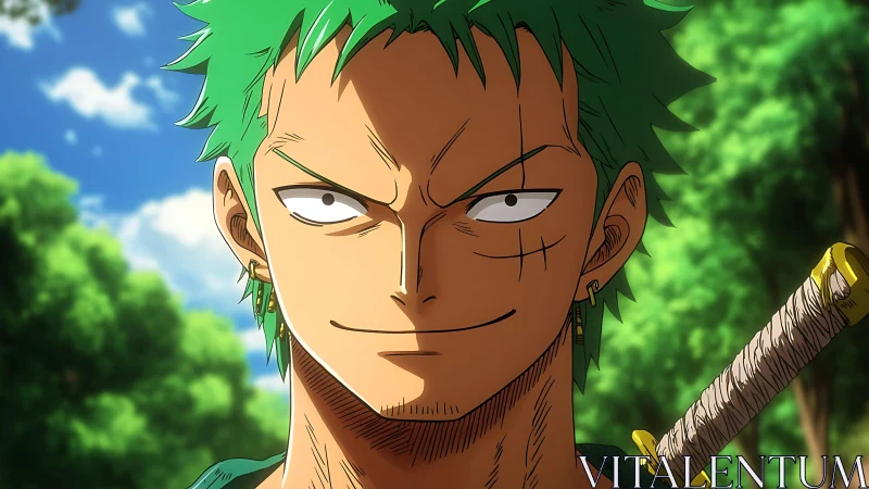 Green-haired anime swordsman gazes forward in forest setting