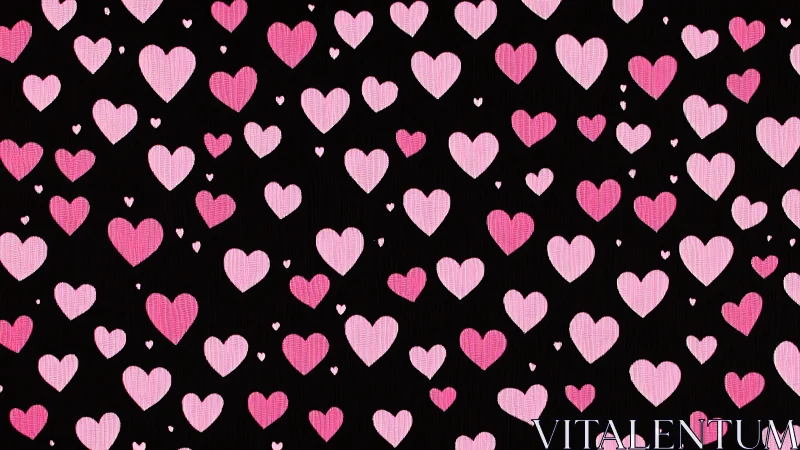Scattered Pink Hearts on Black Background with Varying Opacity Gradients