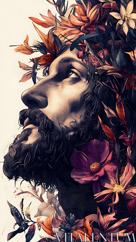 Floral-encased male profile rendered in intricate digital etching.