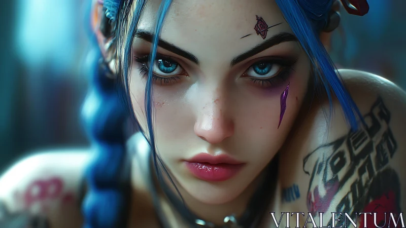 Intense blue haired rebel stares forward in neon calm.