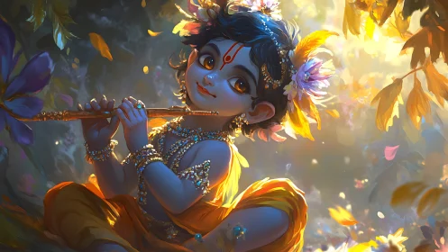 Blue-skinned child playing flute amid glowing forest light