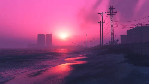 Neon magenta coastal sunset illuminates silhouetted urban skyline