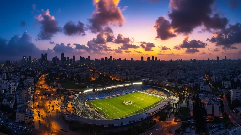 Sunset city stadium glows as football match ignites the skyline