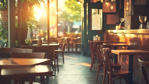Sunlit empty café interior with wooden tables and chairs.