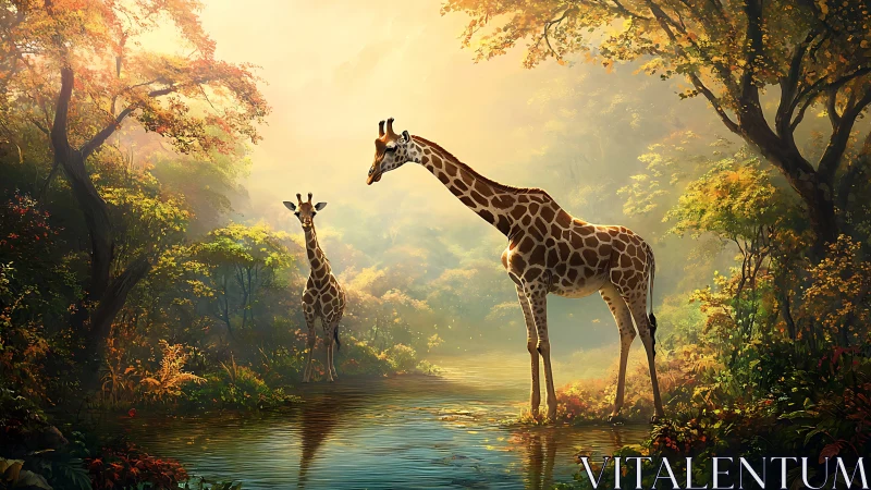 Giraffes in luminous forest clearing beside reflective stream.