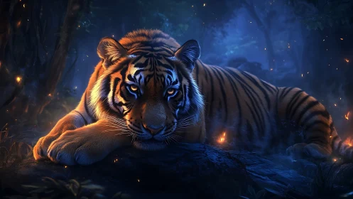 Digital rendering depicts resting tiger in blue forest light