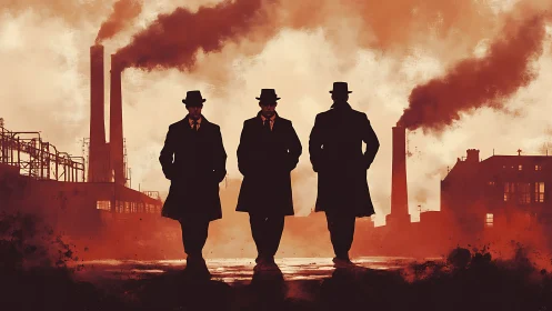 Industrial silhouettes of three suited men at smokestacks.