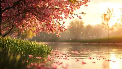 Cherry blossoms glow over tranquil river at golden hour.