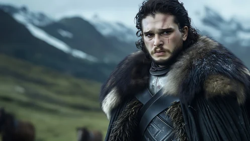 Battle-scarred medieval warrior in fur cloak, alpine valley