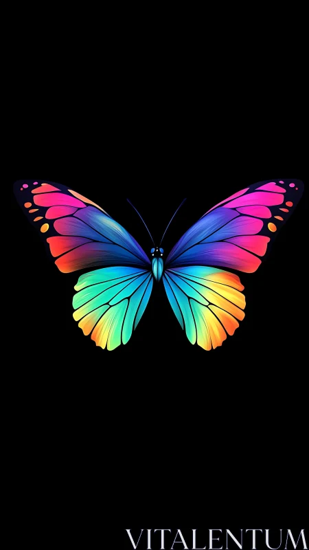 Neon gradient butterfly glows against deep black background.