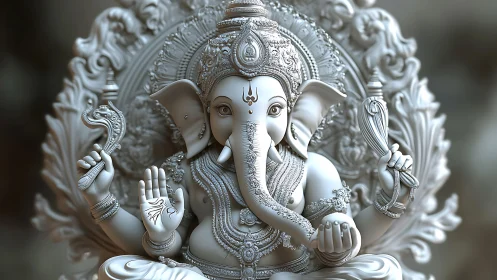 Detailed 3D rendering of ornate seated Ganesha statue.