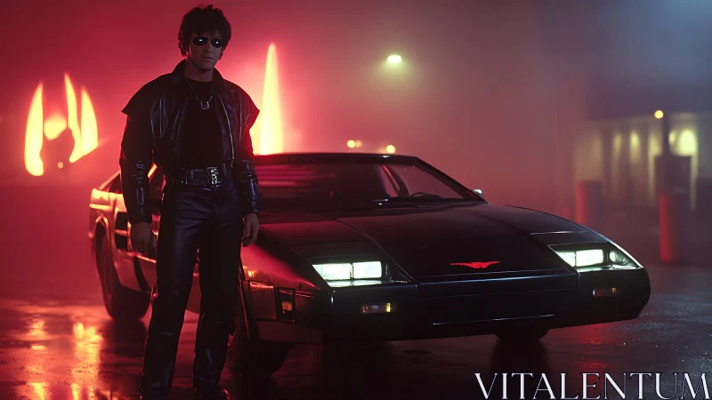 Neon dusk vigil with retro supercar and leather-clad driver.