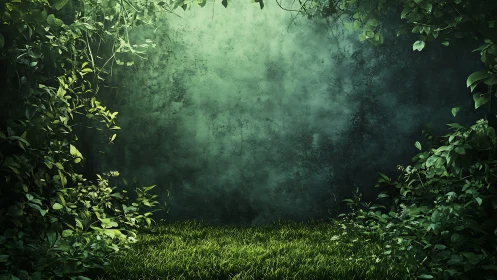 Misty Forest Glade with Dense Vegetation Frame