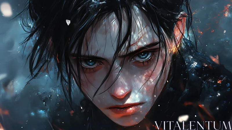 Fierce blue-eyed warrior stares through embers and ash.