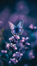 Iridescent butterfly hovers over lavender in shallow focus