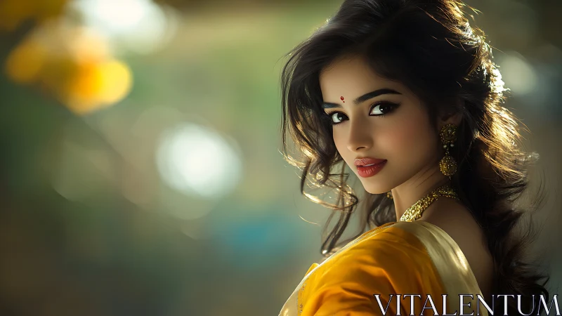 Photorealistic portrait woman in yellow sari, warm bokeh background.