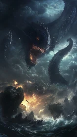 Sea serpent storms over burning ocean cliffs at night.