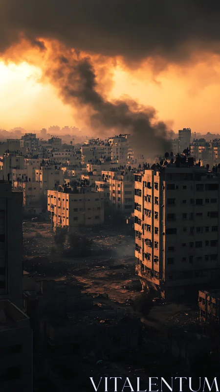 Smoke rises above damaged high-rise buildings at sunset