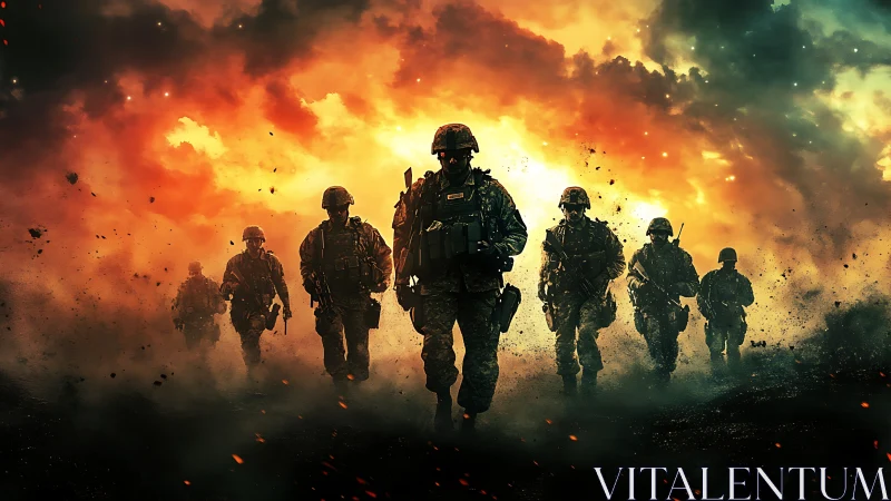 Soldiers advancing through fiery battlefield smoke.