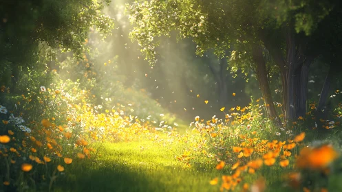 Backlit wildflower glade renders atmospheric volumetric light