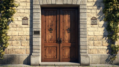 Symmetrical double wooden door set in textured stone masonry wall