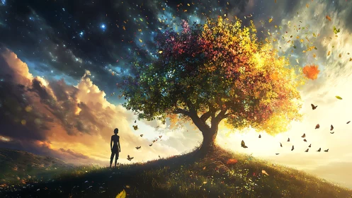 Solitary figure watches luminous tree under swirling sky