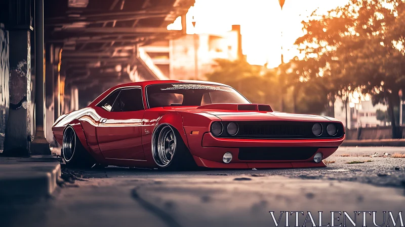 Low-slung red muscle car glows against an urban sunset backdrop