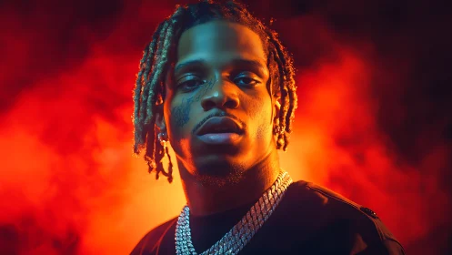 Moody hip-hop portrait with neon orange cinematic backlight.