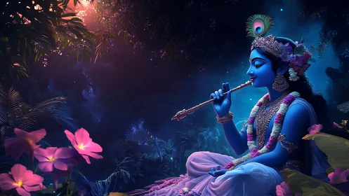 Nocturnal blue deity with flute in bioluminescent jungle.