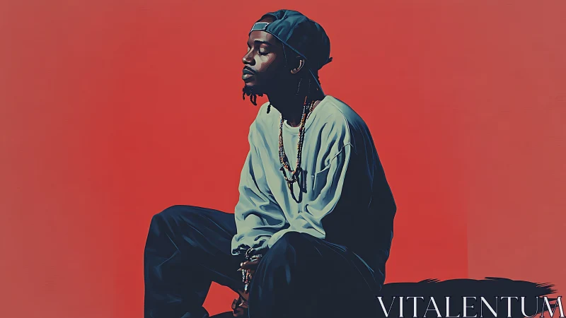 Digital portrait of pensive man in streetwear on red field.