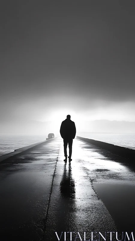 Solitary person walks on wet pier toward intense backlight