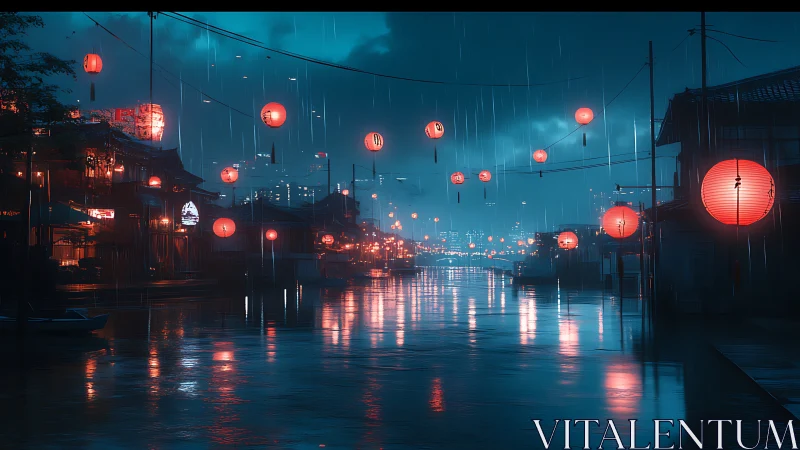 Rainy canal city with red lantern reflections at night.