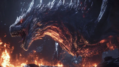 Infernal dragon roars amid molten fire and storm-lit night.
