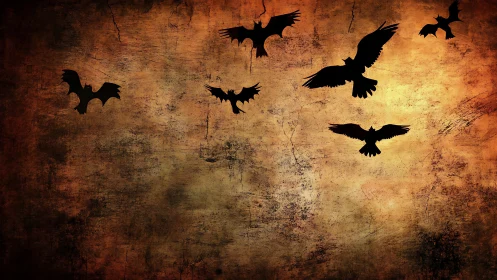 Dark bird silhouettes circle across a cracked, fiery sky.