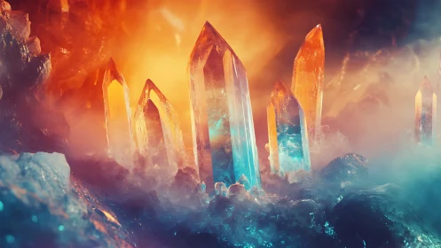 Luminous crystal spires ignite a misty otherworldly cavern.