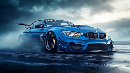 Blue BMW race car drifts on wet asphalt track in daylight