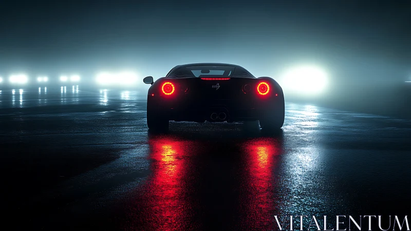 Rear view sports car cuts through cinematic fog and light