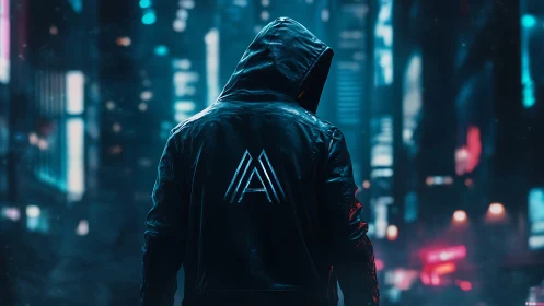 Hooded figure in neon cyberpunk alley with luminous logo jacket