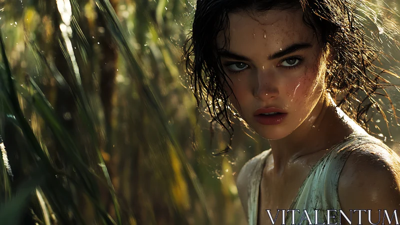 Brooding wet woman in reeds under dramatic sidelight.